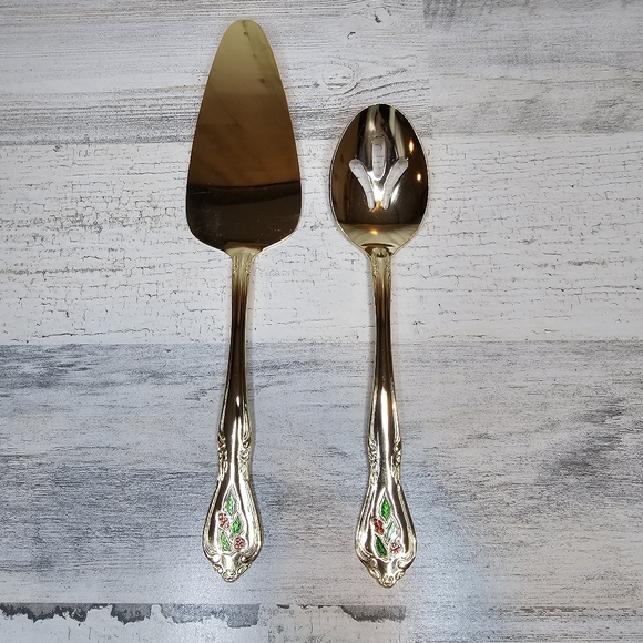 Classic Traditions HOLLYBERRY Gold Holly Serving Set Japan Stainless Steel - Picture 2 of 8